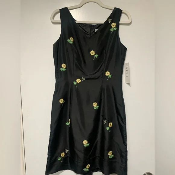Studio I Dresses | Vintage Studio 1 Sunflower And Bee Embroidered Black Satin Mini Dress | Color: Black/Yellow | Size: 8 | Pm-54382485's Closet